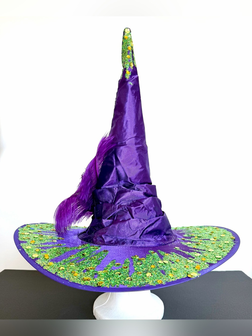 Purple Witch Hat satin ostrich feathers Green sparkle Trim brim one size adult - Picture 6 of 12